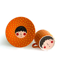 Cute Face Ceramic Cup & Saucer Set | Blue or Orange