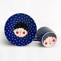 Cute Face Ceramic Cup & Saucer Set | Blue or Orange