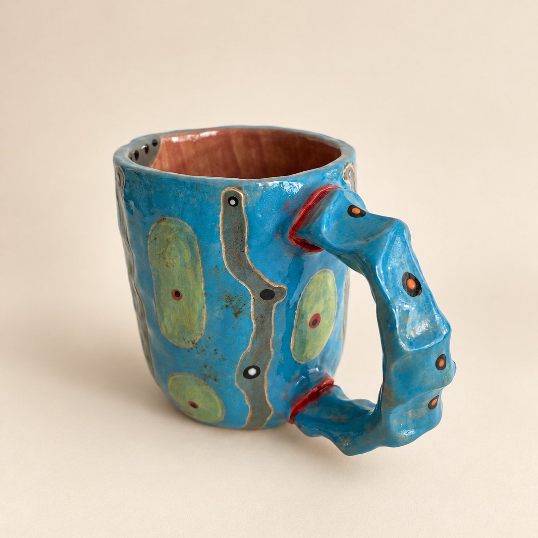FLOW Abstract Ceramic Mug — Electric Blue & Mint