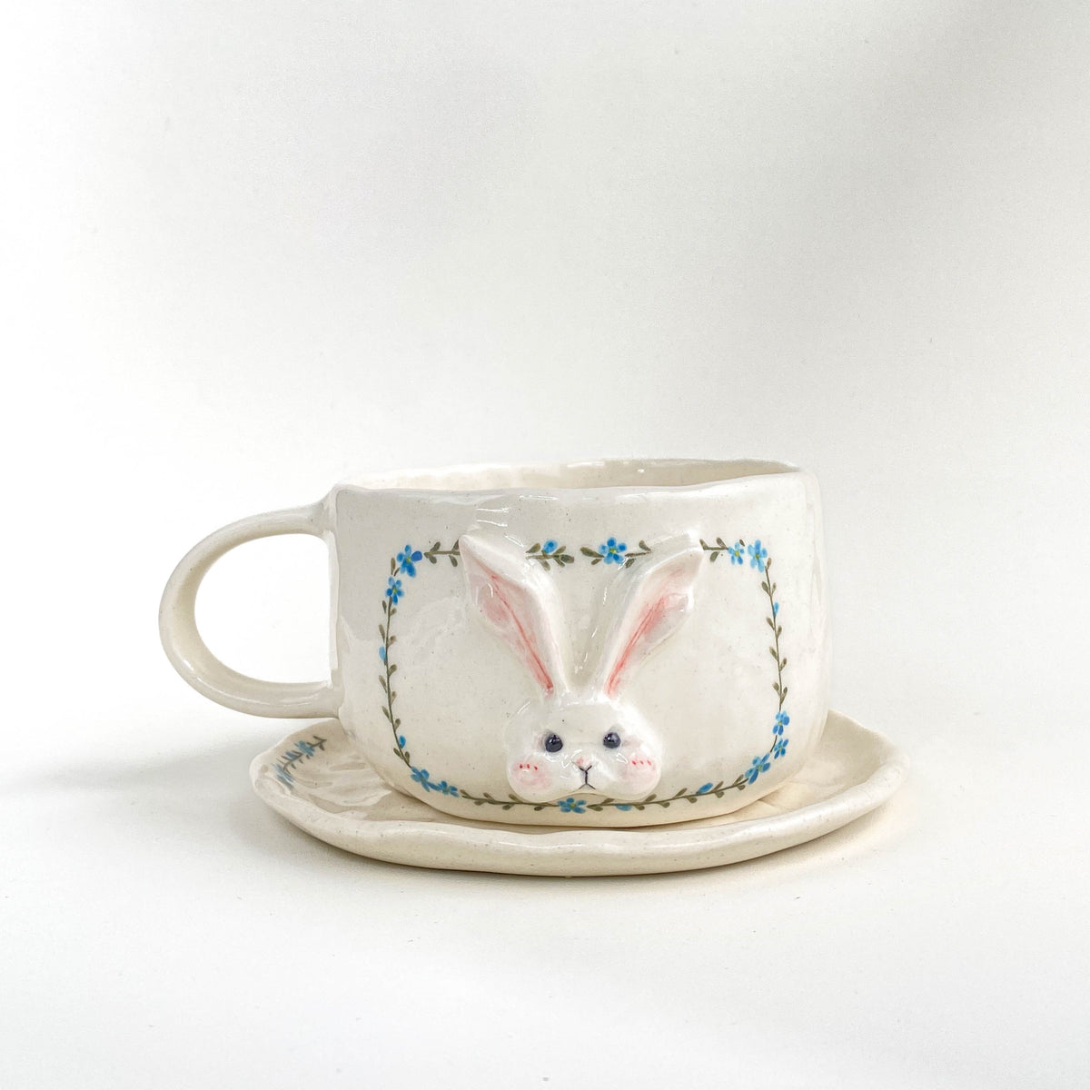 Bunny Floral Ceramic Cup & Saucer Set – Blue / Orange