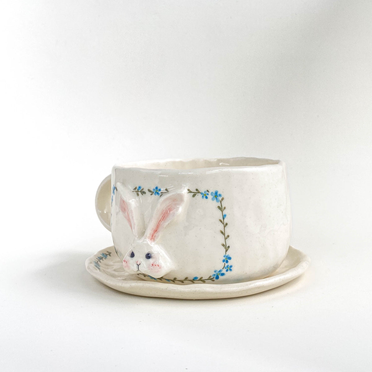 Bunny Floral Ceramic Cup & Saucer Set – Blue / Orange