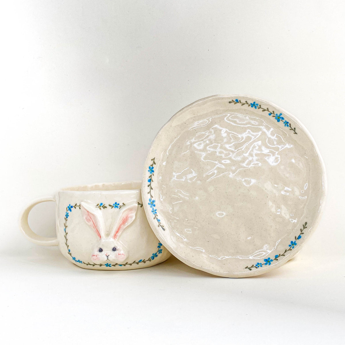 Bunny Floral Ceramic Cup & Saucer Set – Blue / Orange