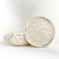 Bunny Floral Ceramic Cup & Saucer Set – Blue / Orange