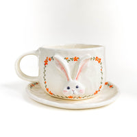 Bunny Floral Ceramic Cup & Saucer Set – Blue / Orange