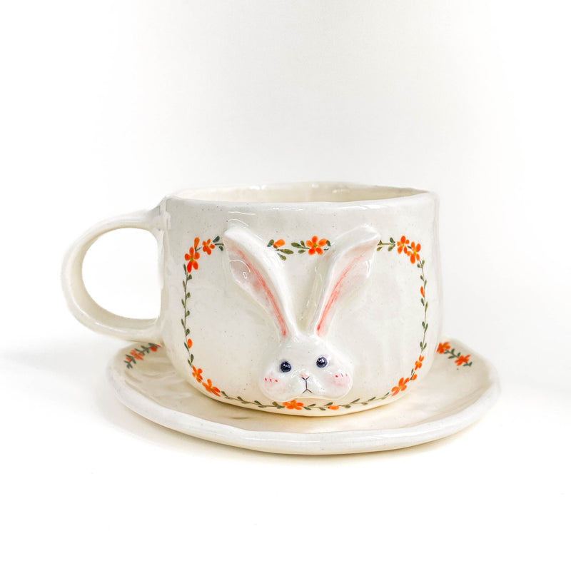 Bunny Floral Ceramic Cup & Saucer Set – Blue / Orange