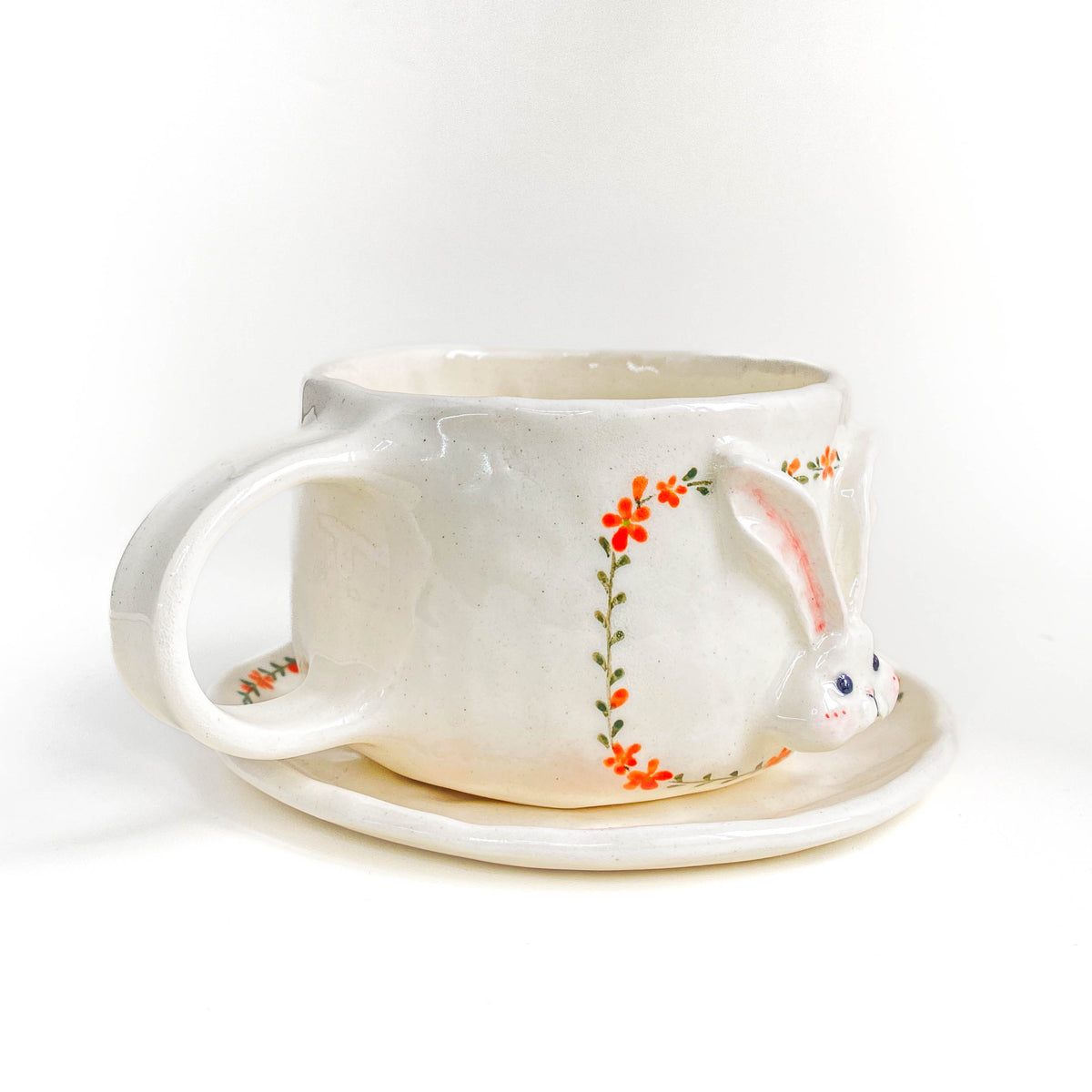 Bunny Floral Ceramic Cup & Saucer Set – Blue / Orange