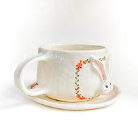 Bunny Floral Ceramic Cup & Saucer Set – Blue / Orange