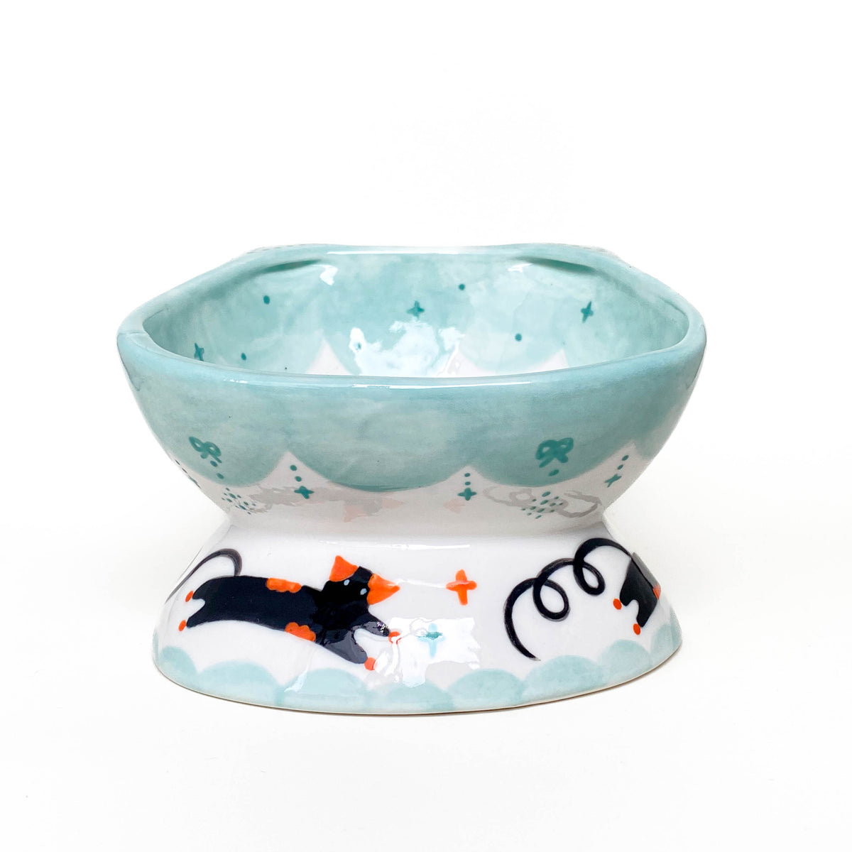 Black Cat Raised Ceramic Pet Bowl – Mint / Blue / Orange