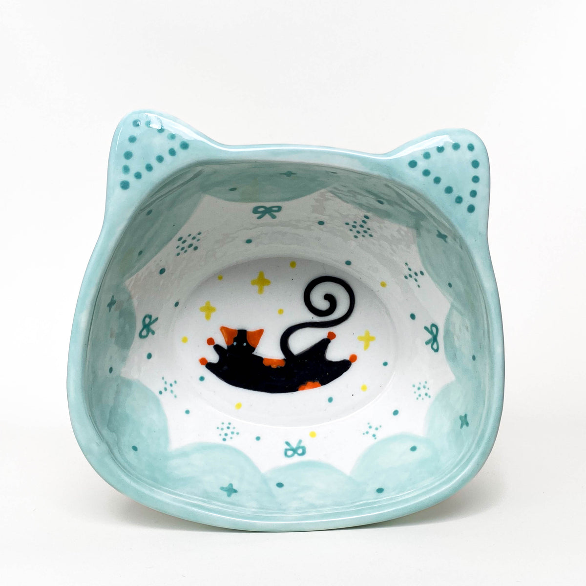 Black Cat Raised Ceramic Pet Bowl – Mint / Blue / Orange