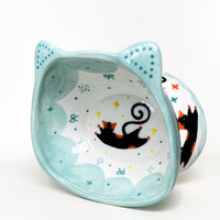 Black Cat Raised Ceramic Pet Bowl – Mint / Blue / Orange