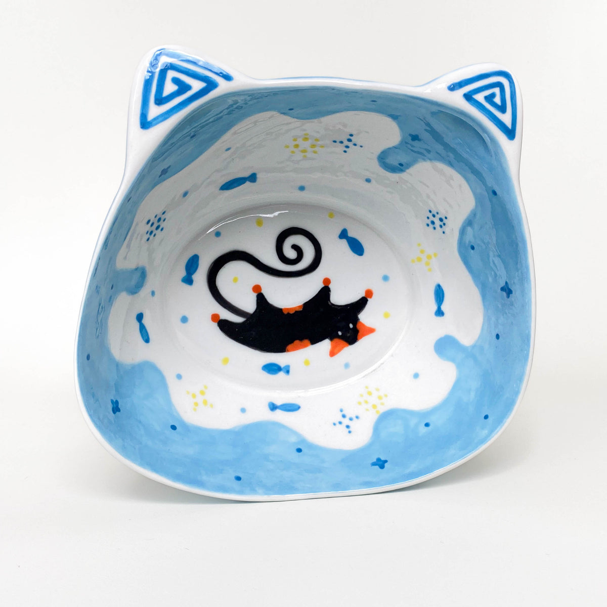 Black Cat Raised Ceramic Pet Bowl – Mint / Blue / Orange