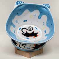 Black Cat Raised Ceramic Pet Bowl – Mint / Blue / Orange