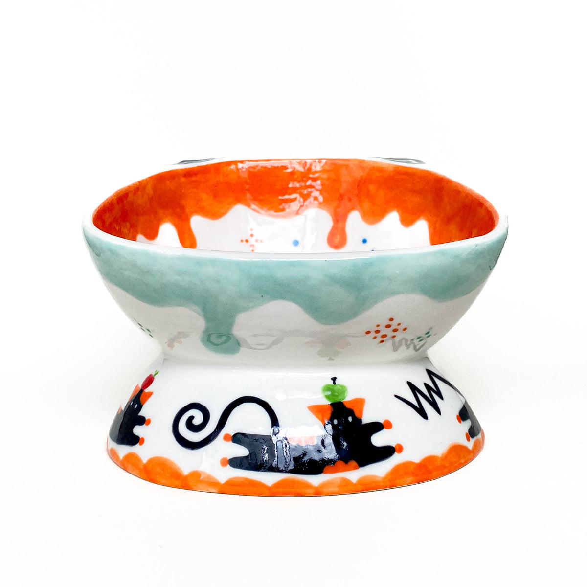 Black Cat Raised Ceramic Pet Bowl – Mint / Blue / Orange