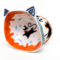 Black Cat Raised Ceramic Pet Bowl – Mint / Blue / Orange