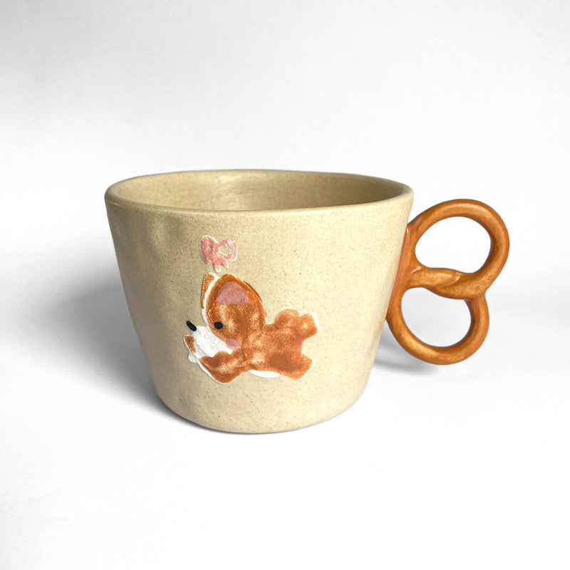 Corgi Ribbon Pretzel Handle Ceramic Mug
