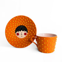 Cute Face Ceramic Cup & Saucer Set | Blue or Orange