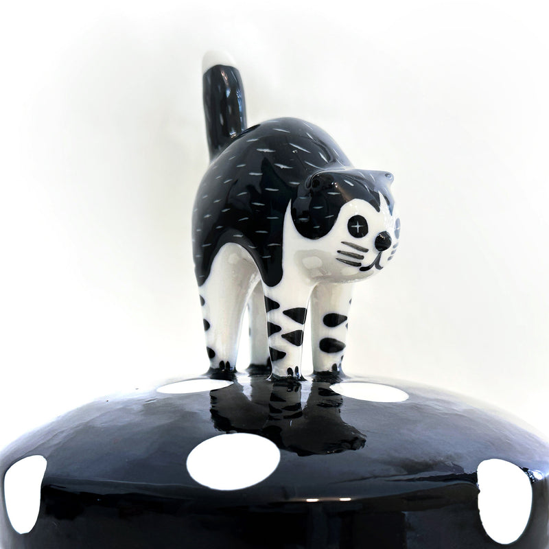 Curious Cat Ceramic Storage Jar | Black Polka Dot
