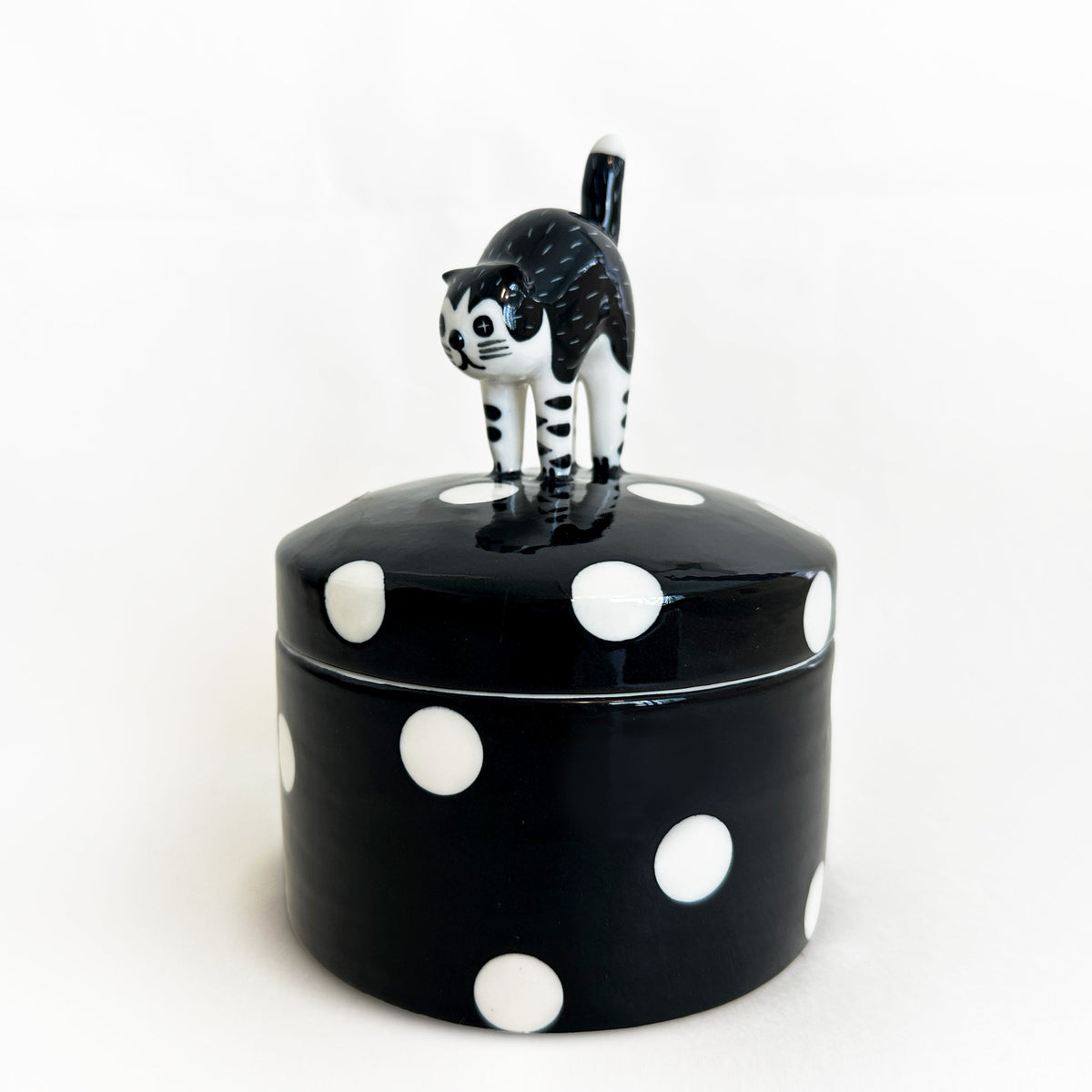 Curious Cat Ceramic Storage Jar | Black Polka Dot